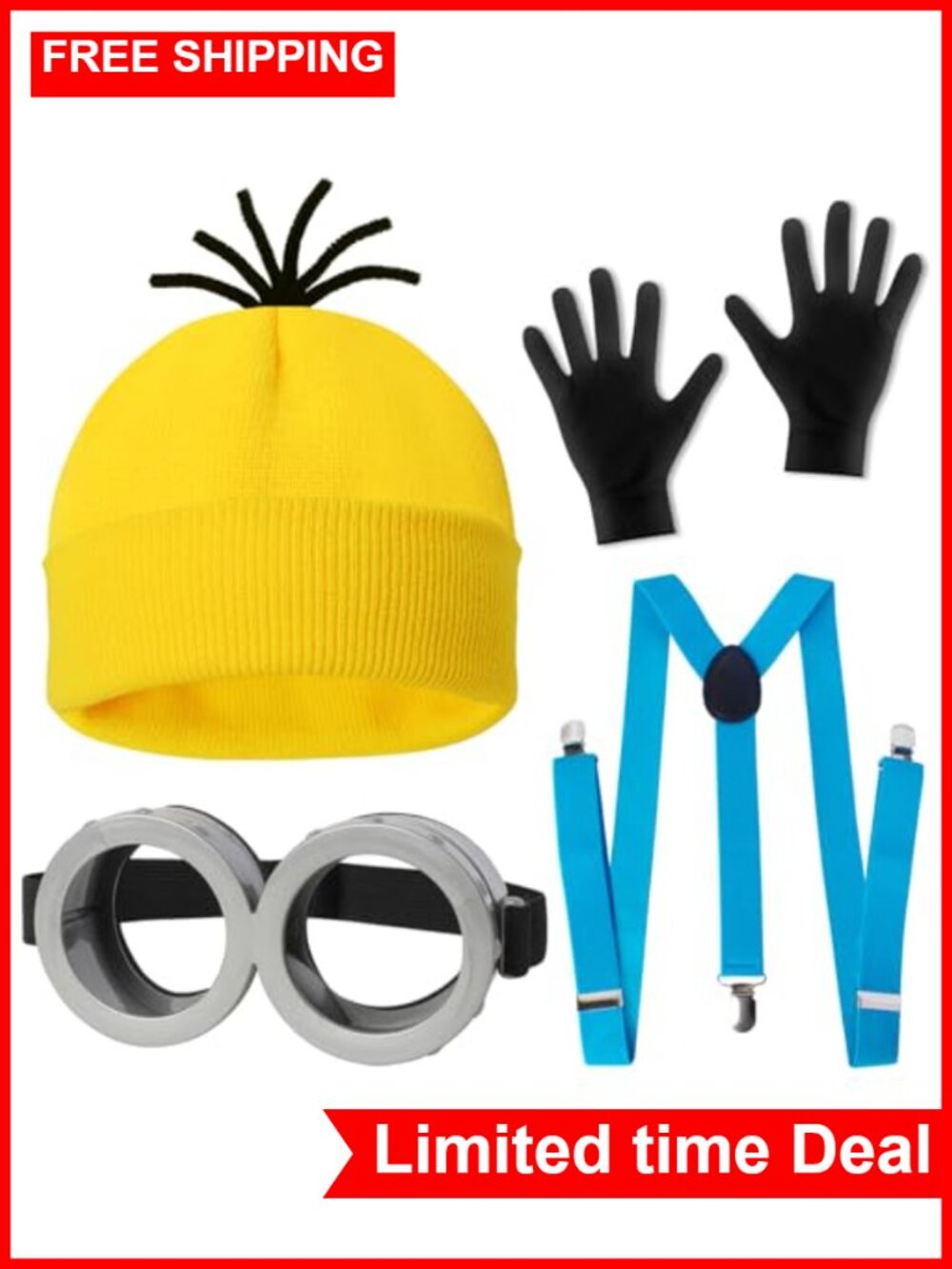 4 Pc Halloween Costume Set Yellow Hat Goggle Glove Suspenders